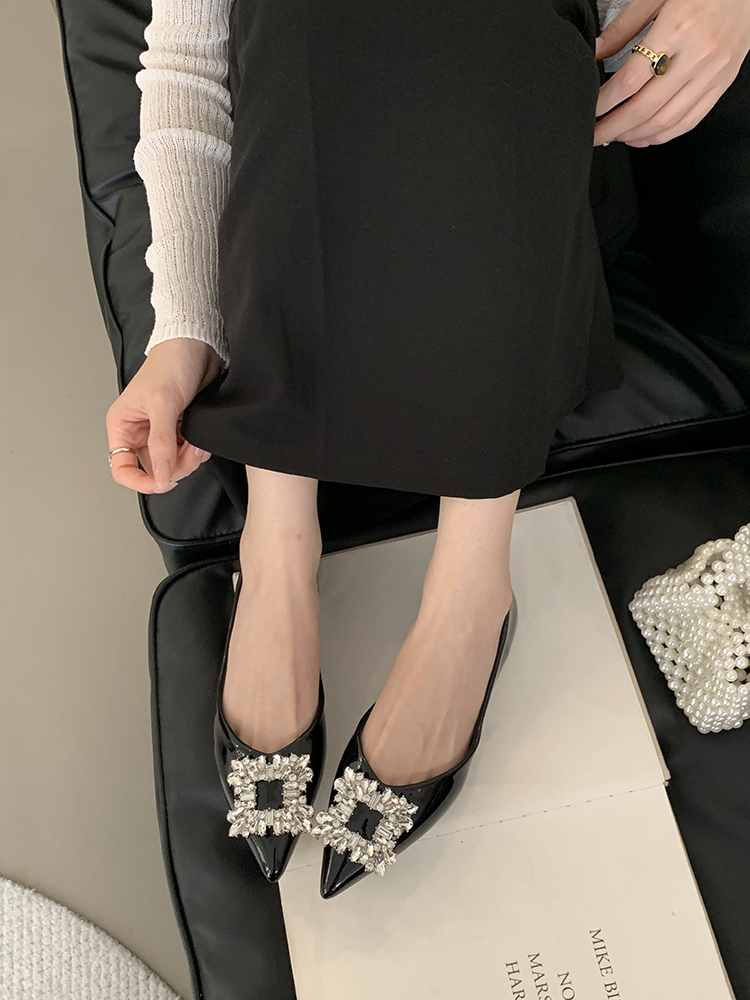 Elegant Red Pointed-Toe Women's Flats with Rhinestone Buckle, Glossy Soft Sole, Perfect for Spring & Autumn Outfits, Ideal for Skirts