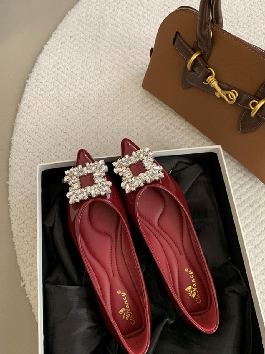 Elegant Red Pointed-Toe Women's Flats with Rhinestone Buckle, Glossy Soft Sole, Perfect for Spring & Autumn Outfits, Ideal for Skirts
