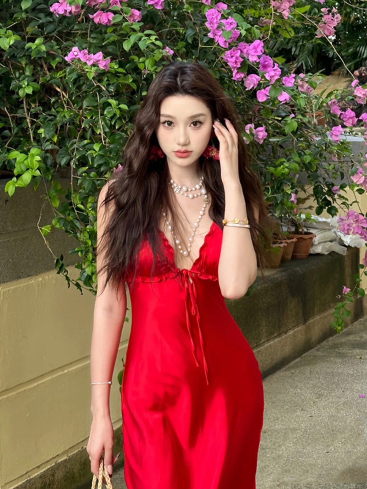 Elegant Vintage French Red Strapless Satin Dress with Hollow Back - Long Summer Vacation Dress for Women
