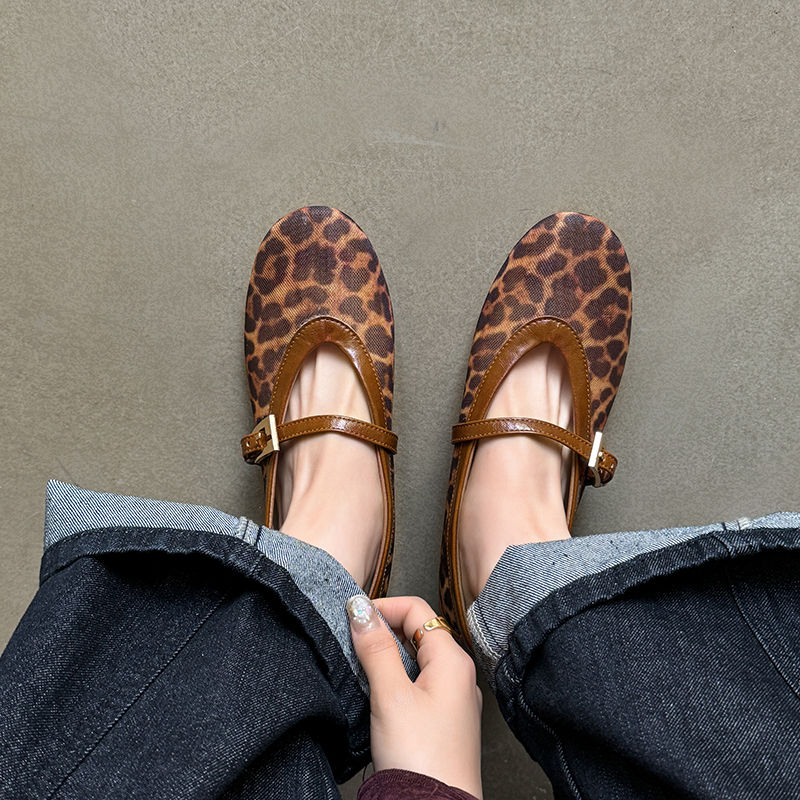 Fashionable Semi-Transparent Mesh Leopard Print One-Strap Ballet Flats for Women - Soft Mary Jane Style with Hidden Height