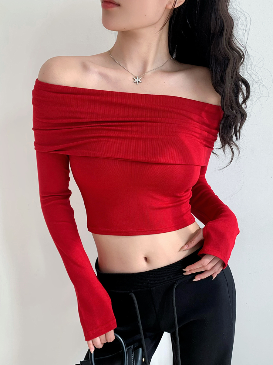 Flared One-Shoulder Long Sleeve Crop Top T-Shirt in Retro European and American Style, Perfect for Y2K and 90s Fashion Trends