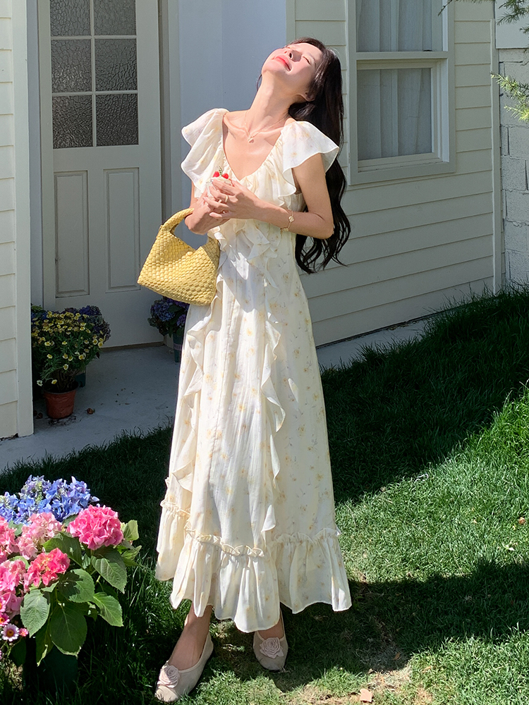French Beige V-Neck Floral Dress for Women - Sleeveless Long Summer Dress with Unique Gentle Temperament Style