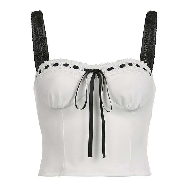 French-Style Color-Block Satin Ribbon Bow Camisole - Slim-Fit Waist-Cinching Top for Y2K and Korean Style Fashion