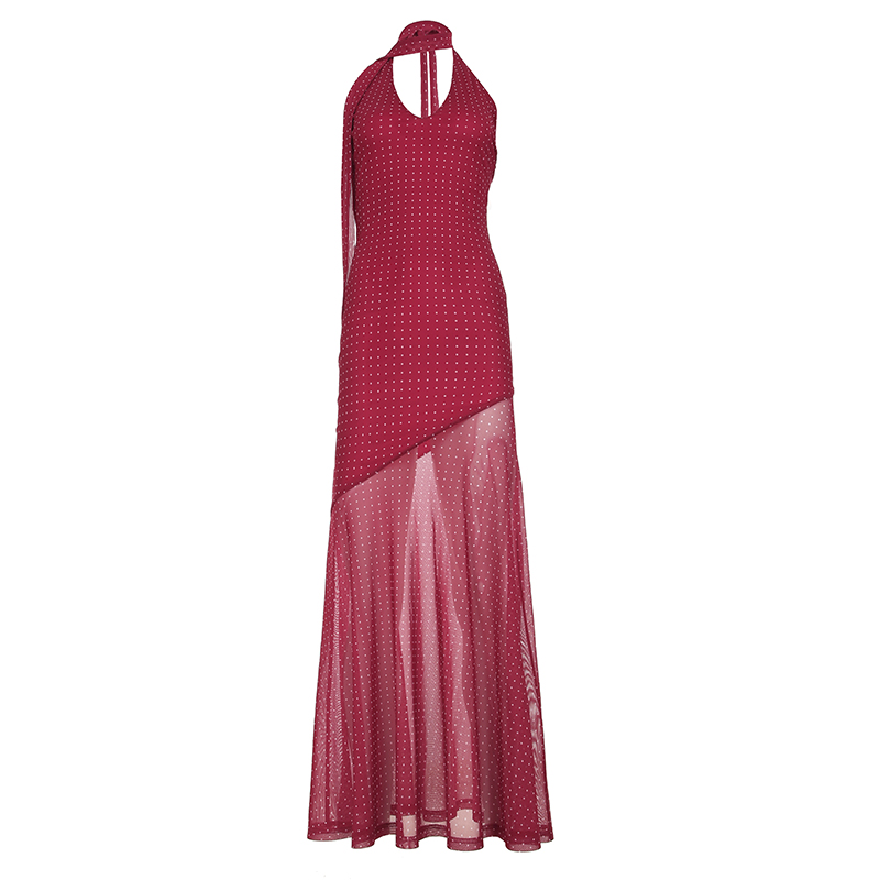 French Style Women's Red Polka Dot Halter Neck Dress with Irregular Bodycon Mesh Skirt â€“ Chic Summer Fashion