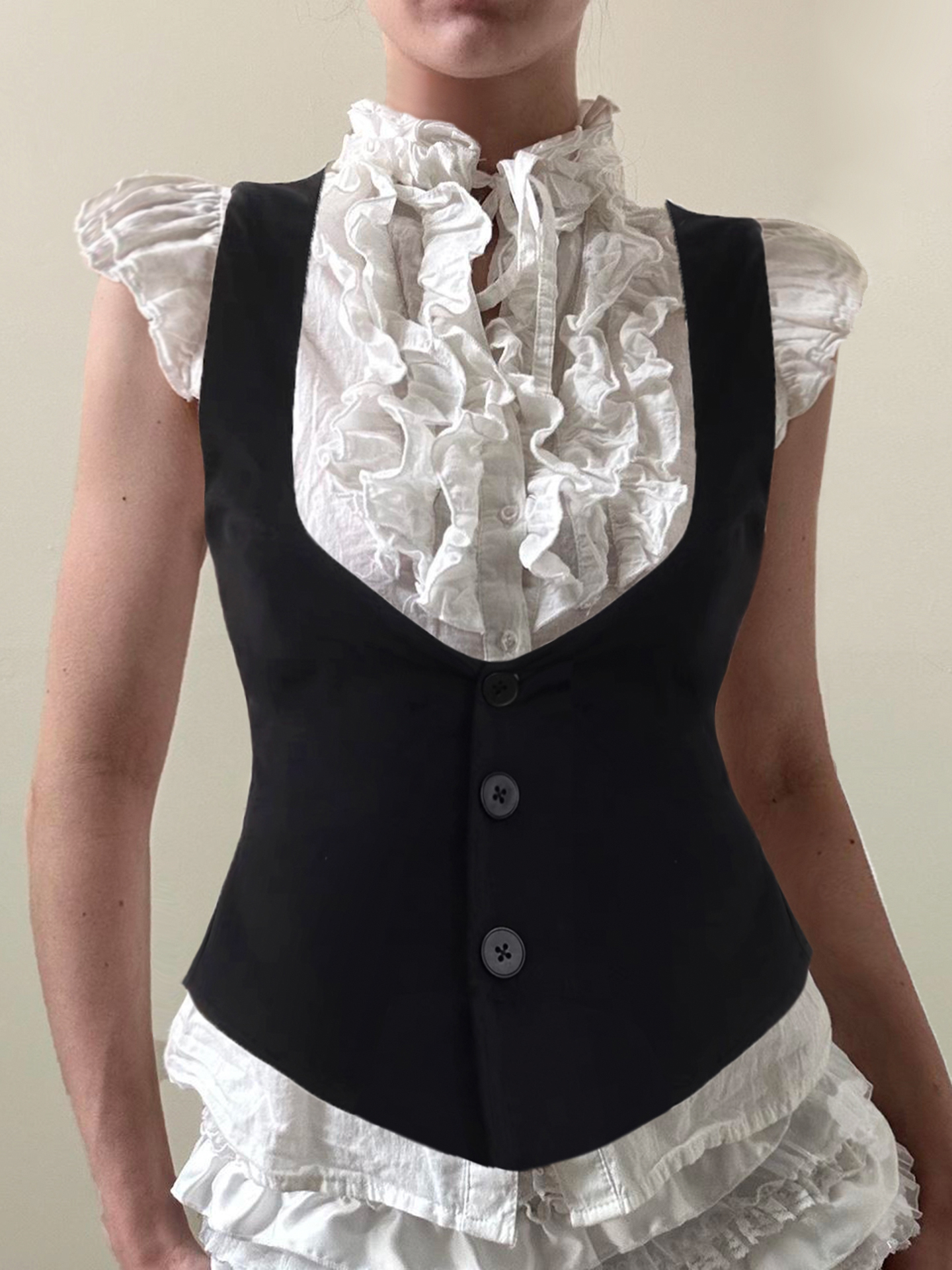 French Vintage Color-Blocking Faux Two-Piece Ruffled Edge Shirt for Women - Buttoned Waist-Cinching Slim-Fit Top in Y2K Style