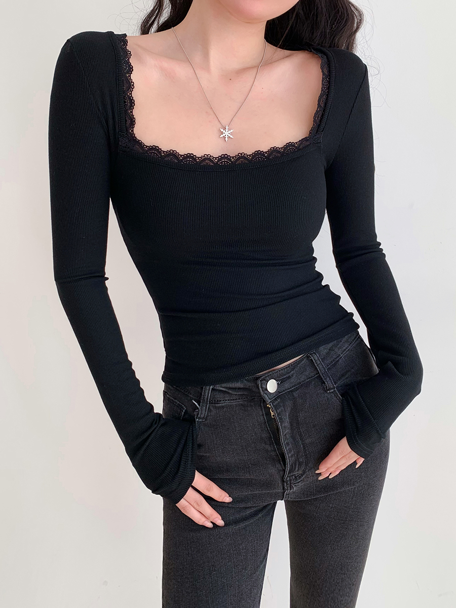 Fresh Casual Long Sleeve T-Shirt with Large Square Neck and Lace Details - French Style for Young Fashion Lovers
