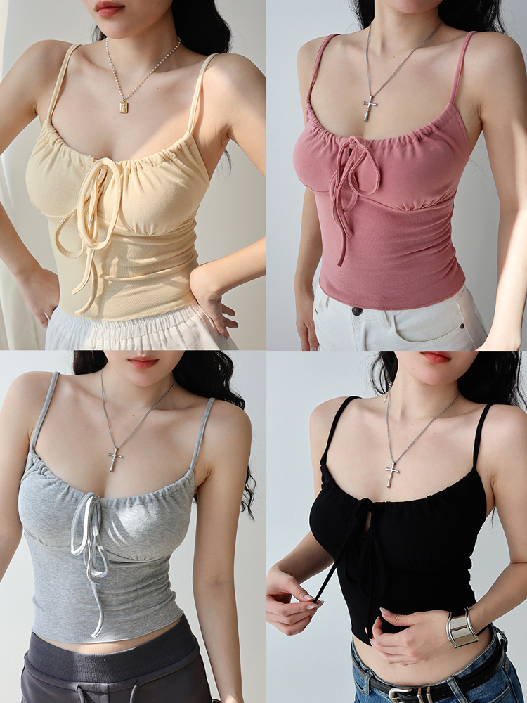 Front Pleated Tie Strap Tank Top for Girls - Slim Fit, Waist-Defining, European and American Style, Perfect for Layering