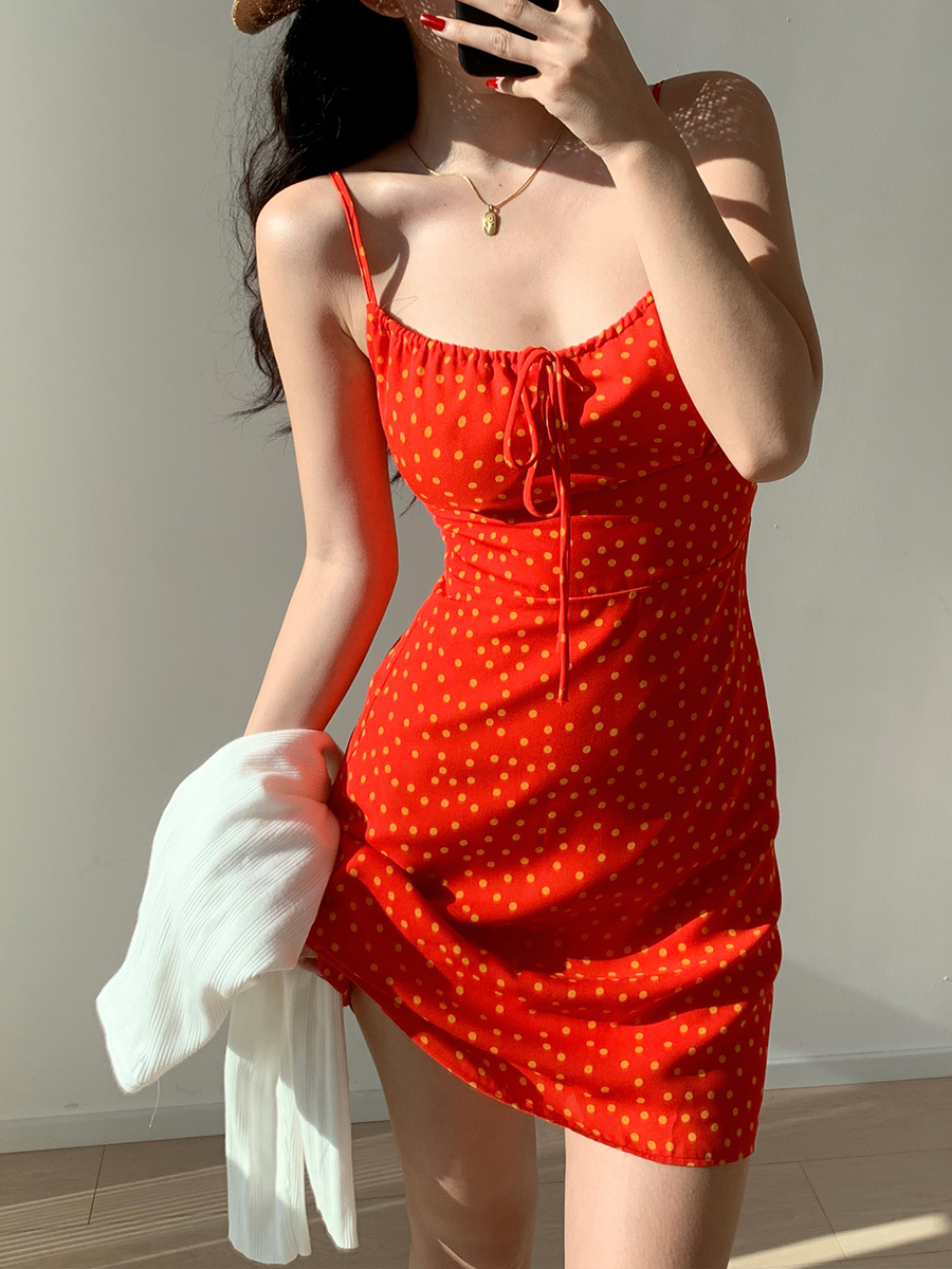 Front Tie Red Polka Dot Waist-Defining Slimming Sling Dress - European American Style Long Skirt for Women, Y2K Fashion