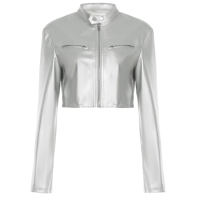 Functional Windbreaker Zipper Loose Silver PU Jacket for Women - Cool Casual Leather Look, Versatile Street Style Outerwear