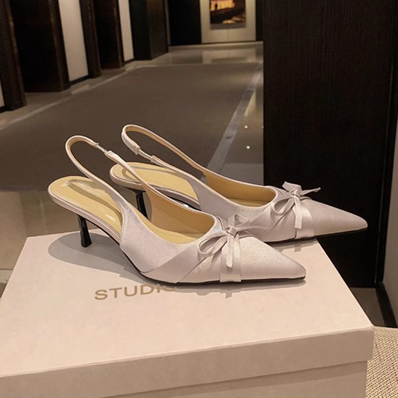 Genuine Leather Bow Pointed Toe Sandals for Women - Summer Wedding Shoes, Thin High Heels, Backless Flats, Elegant Style
