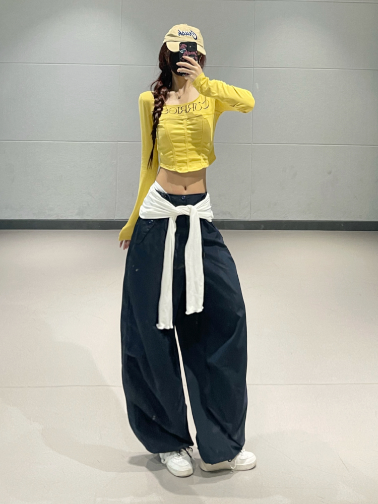 Ginger Yellow Long Sleeve Dance Sports Suit for Women with Quick-Dry Navy Casual Work Pants - Stylish Activewear Set