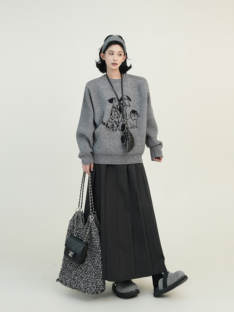 Gray Draped High-Waisted A-Line Midi Skirt for Women - Autumn Winter Korean Style Loose Versatile Pleated Knee-Length Skirt