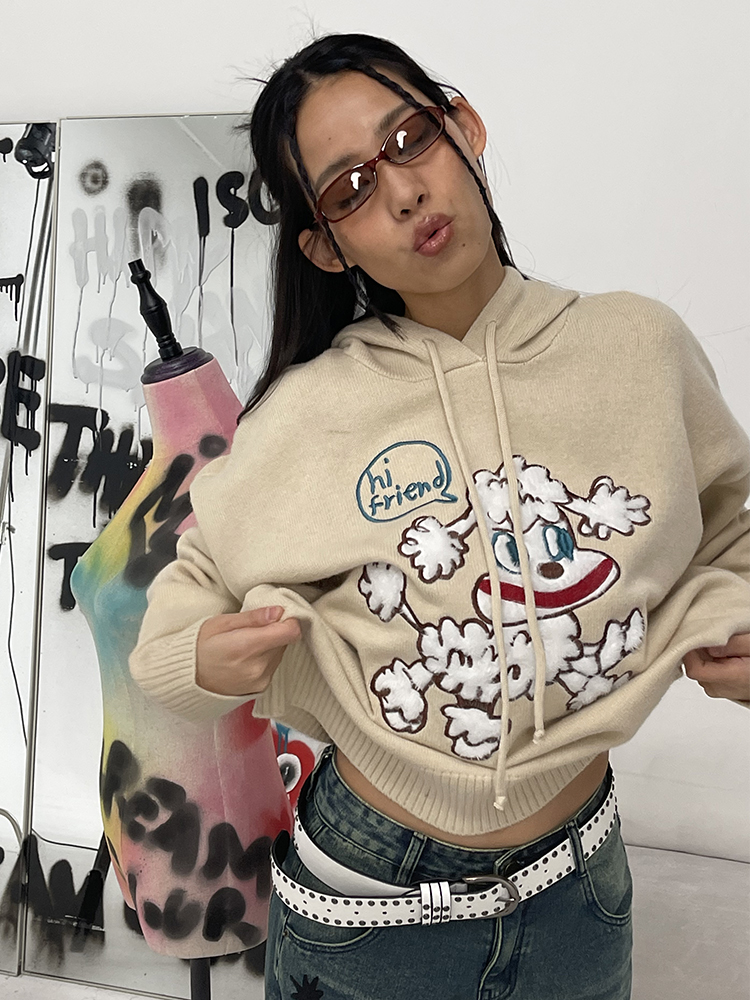 Gray Embroidered Sheep Doll Pullover Hoodie - Loose Knit Sweater, Y2K Style, Cozy Casual Fashion