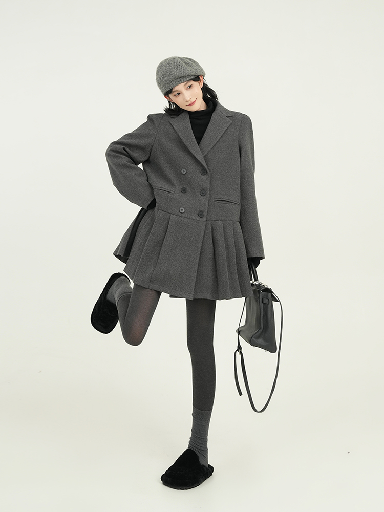 Gray Thickened Lapel Long-Sleeve Suit Dress for Women - Korean Style, Loose Fit, Autumn Winter Woolen Short Skirt
