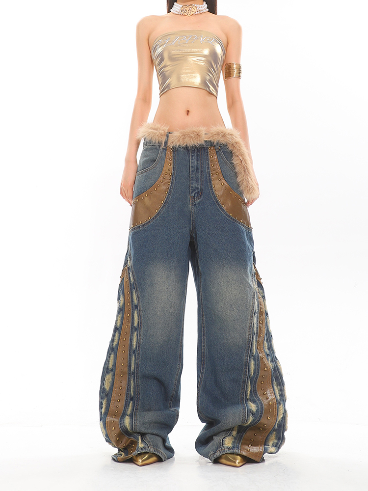 Heavy Wash Retro Beaded Patchwork Wide-Leg Jeans for Women - Niche 90s Inspired Style for Winter Fashion
