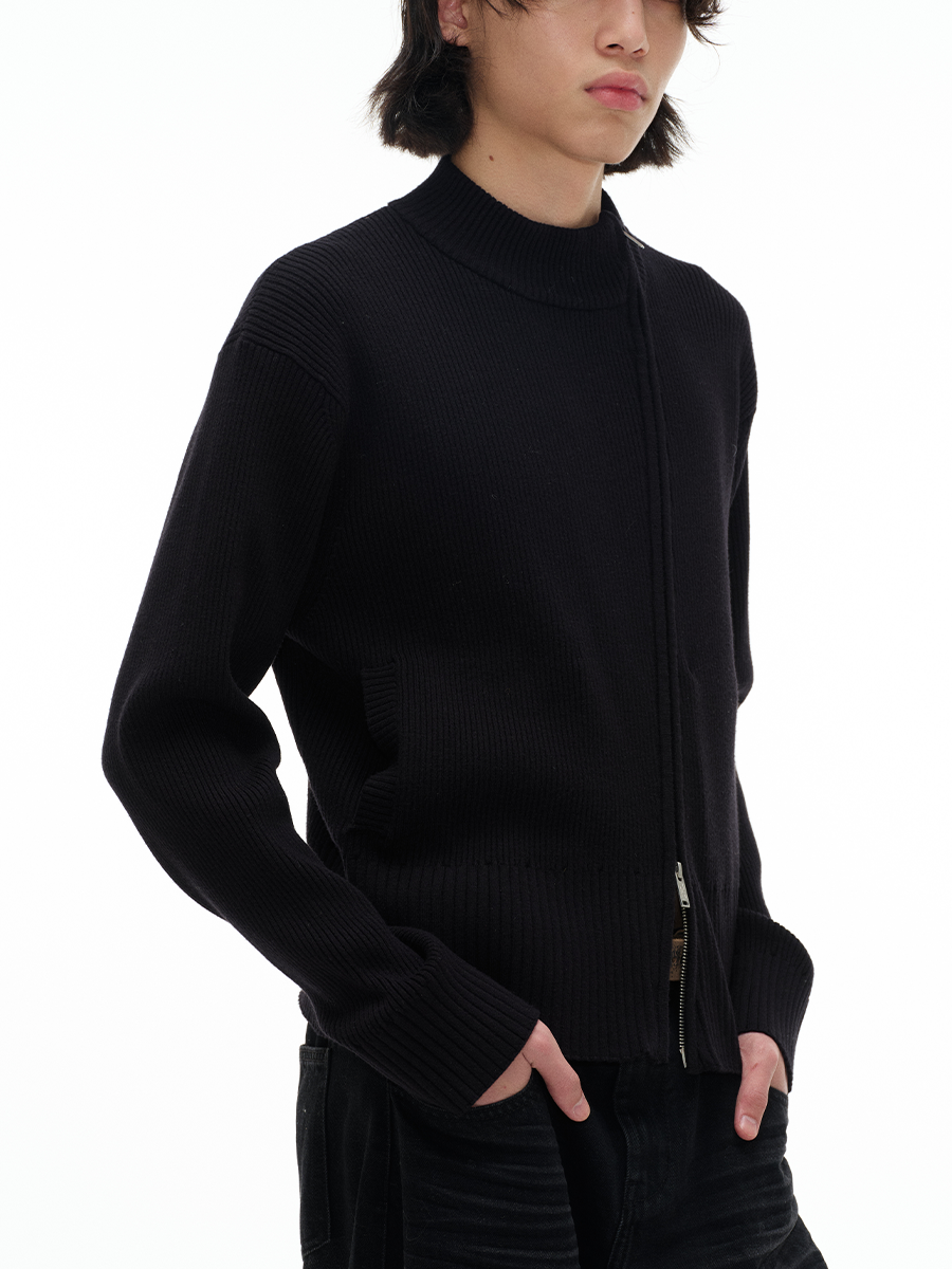 High-Elastic Diagonal Zipper Sweater in Core-Spun Yarn - Stylish Through-Type Double-Opening Design for Trendy Layering