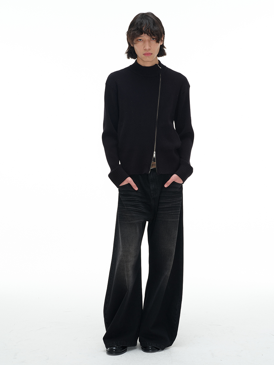 High-Elastic Diagonal Zipper Sweater in Core-Spun Yarn - Stylish Through-Type Double-Opening Design for Trendy Layering
