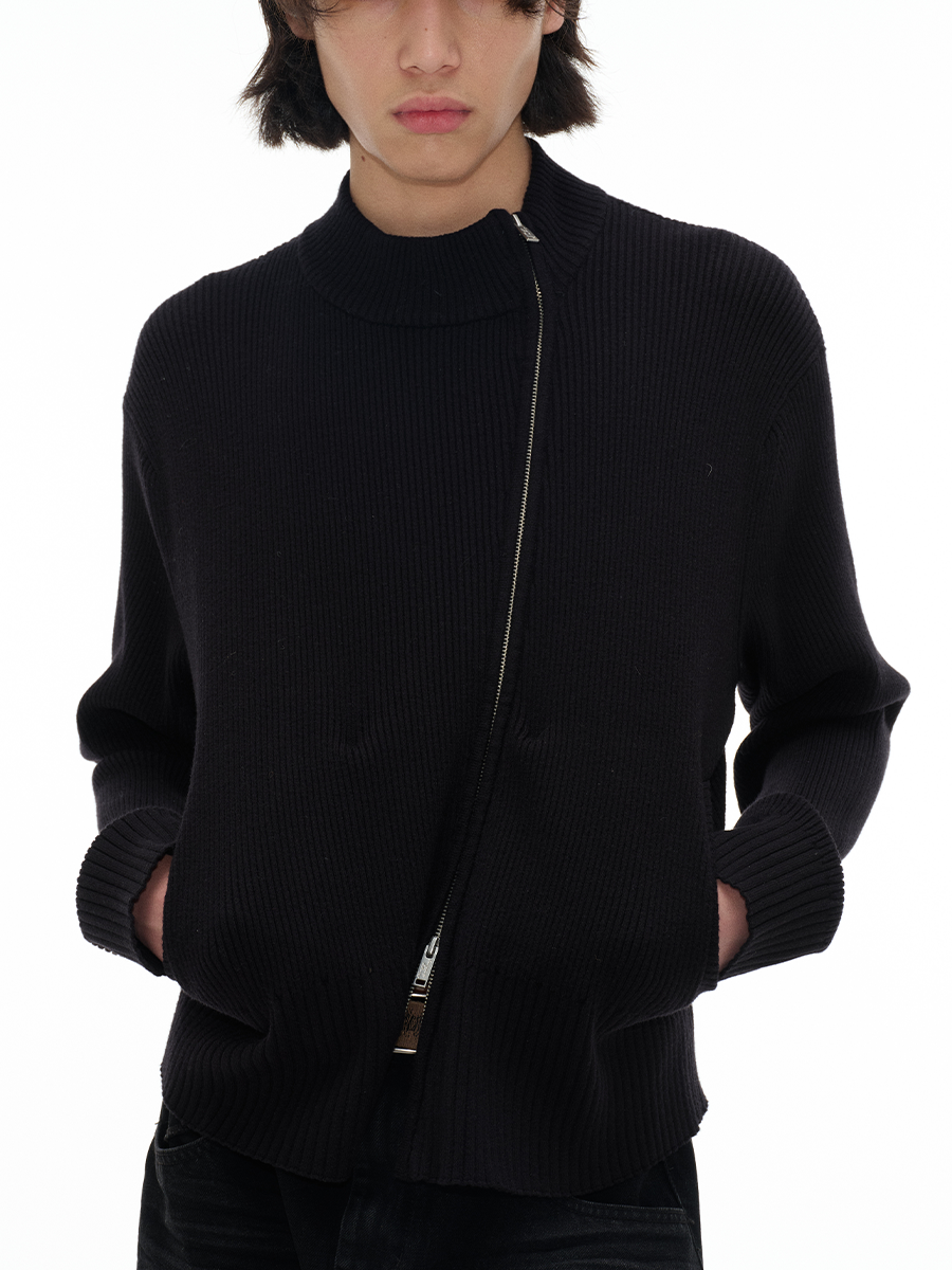 High-Elastic Diagonal Zipper Sweater in Core-Spun Yarn - Stylish Through-Type Double-Opening Design for Trendy Layering