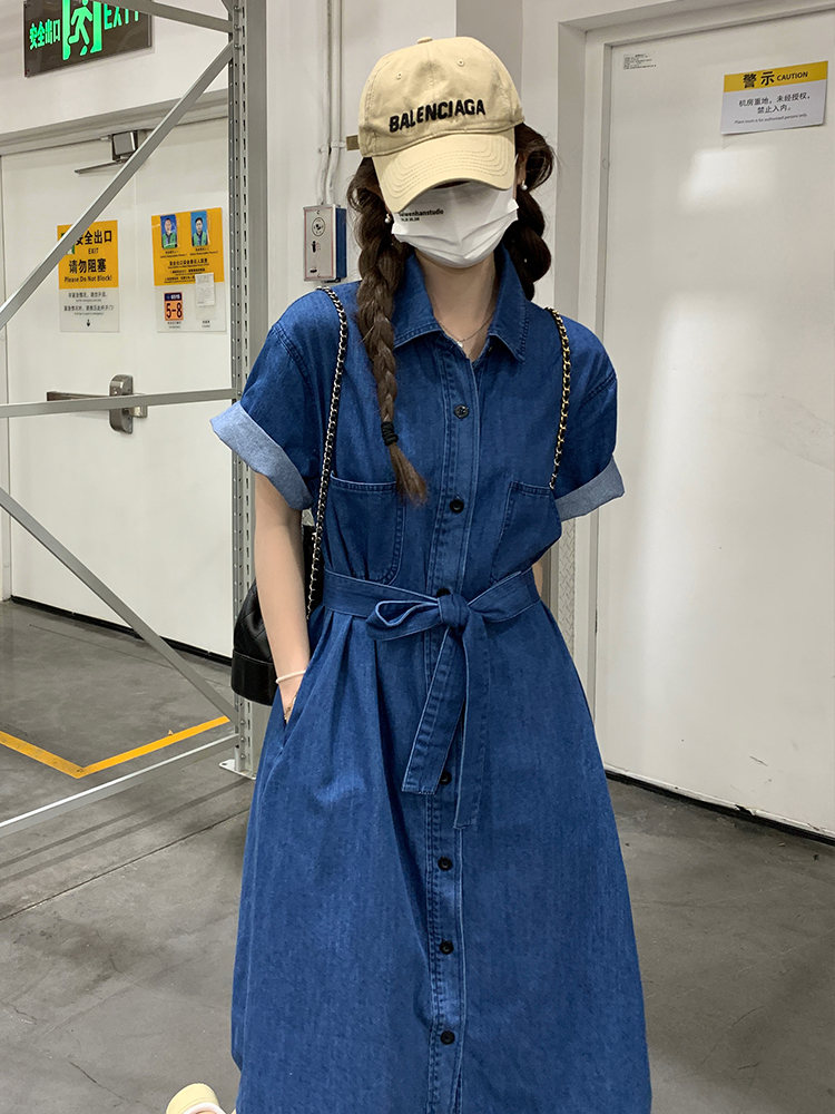 High-End Denim Shirt Dress for Women - Hong Kong Style, Casual Waist-Cinching, Summer 2025 Trendy Long Dress