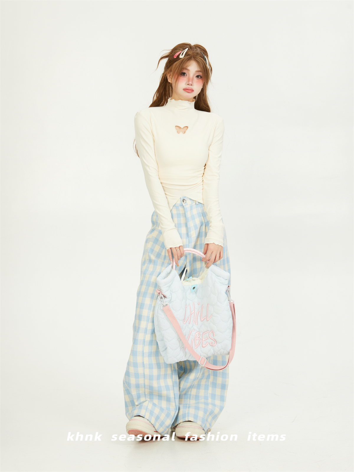 High-Neck Butterfly Hollowed-Out Split Base Shirt for Women, Sweet Wood Ear Edge Top for Spring & Autumn Outfits