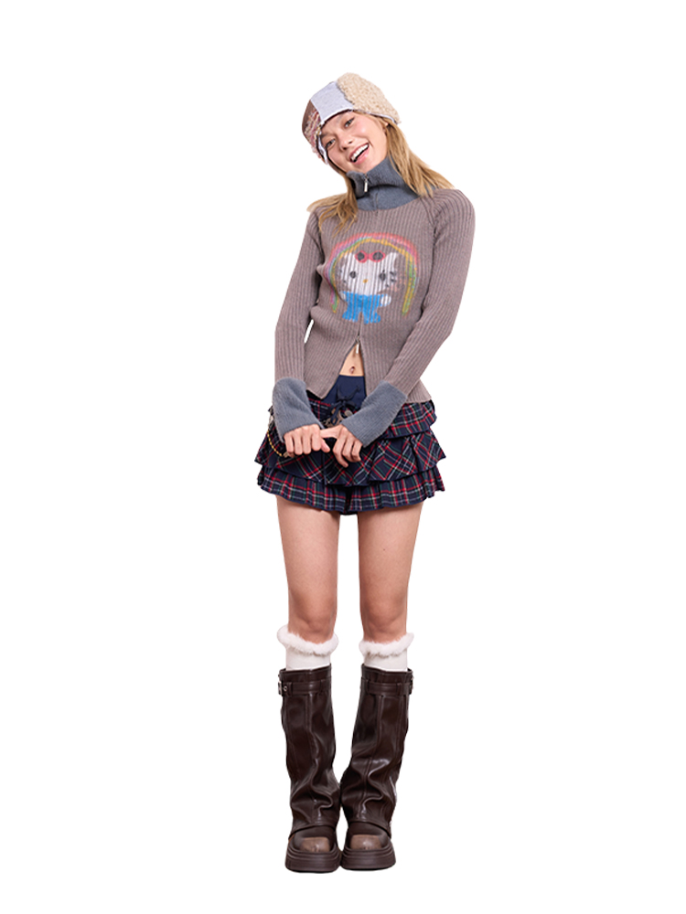 High-Neck Zipper Slim-Fit Knitted Cardigan with Original Graffiti Print for Trendy Y2K Style