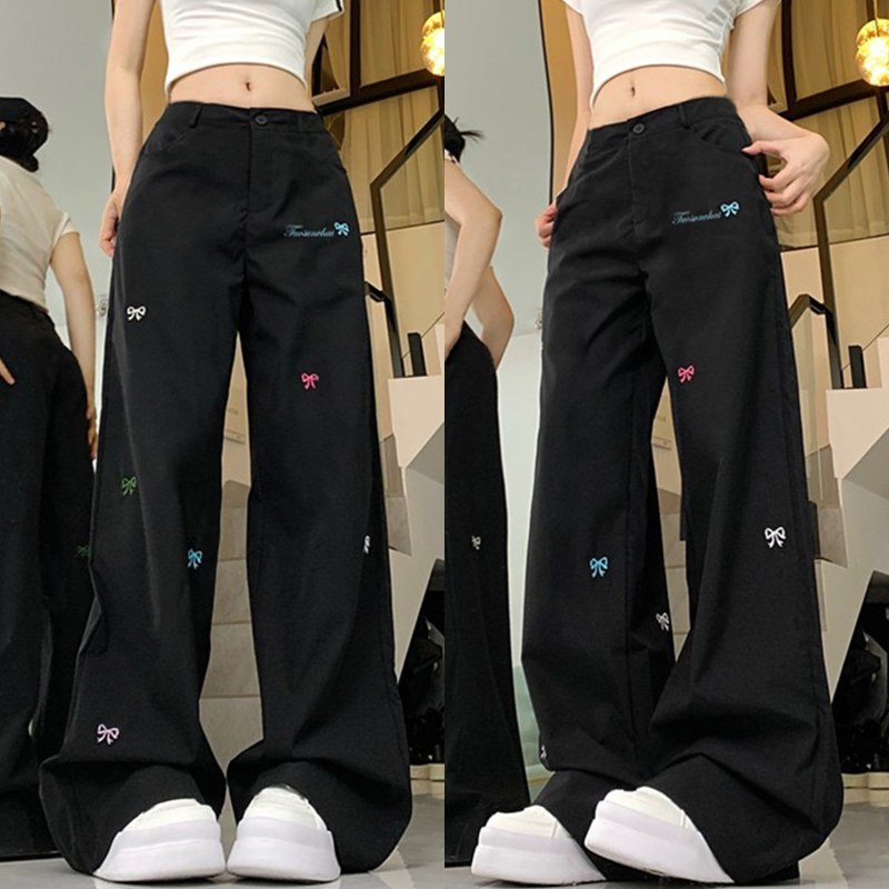 High Street Women's Black Embroidered Wide-Leg Floor-Length Pants - Casual Versatile High-Waisted Loose Fit