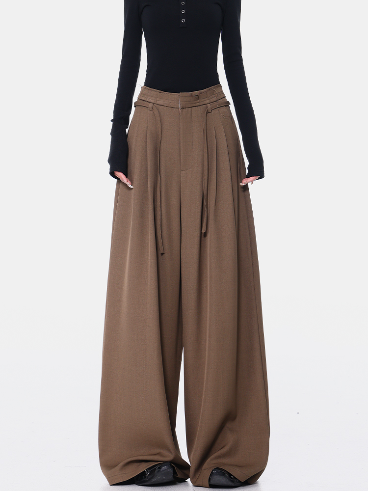 High Waist Wide-Leg Drawstring Suit Pants for Women - Loose Draped Floor-Length Trousers for Spring/Summer Fashion