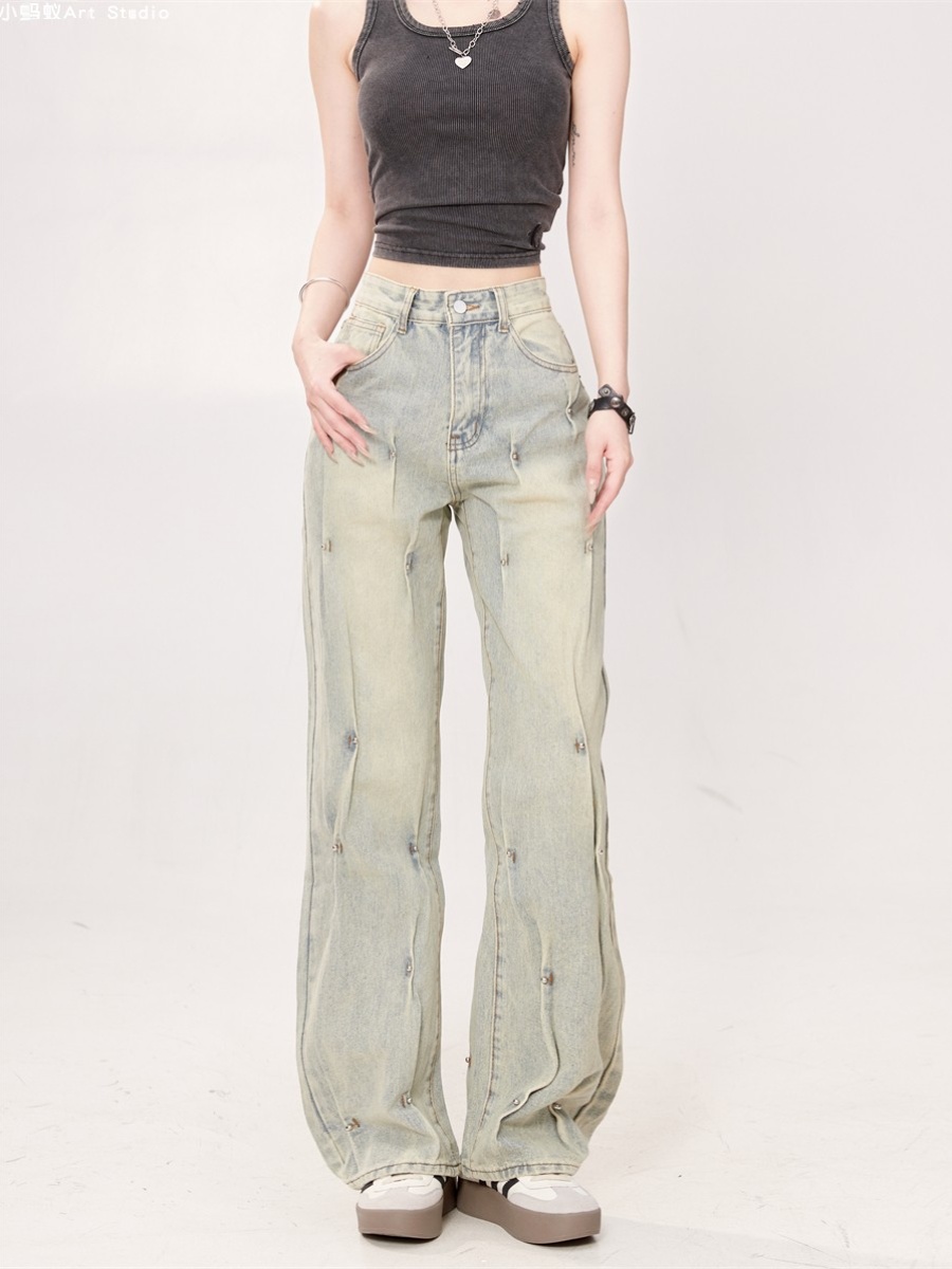 High-Waisted Beaded Gradient Straight-Leg Jeans for Women - Vintage Washed Loose Fit BF Style Trendy Pants