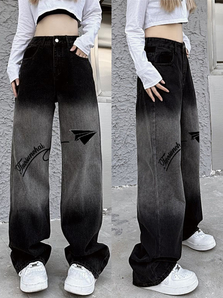 High-Waisted Black Gradient Denim Pants for Women - Trendy Loose Straight-Leg Wide-Leg Style, American-Style Fashion