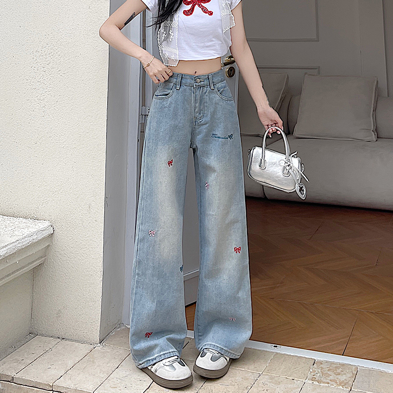 High-Waisted Blue Embroidered Casual Wide-Leg Pants for Women - American High Street Style, Versatile Slim-Fit Design