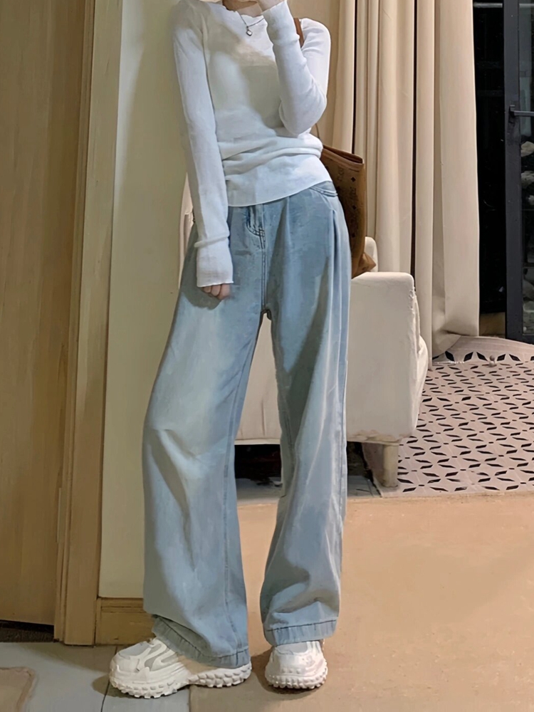 High-Waisted Blue Pleated Tencel Denim Pants for Women â€“ Summer Loose Wide-Leg Ice Silk Straight Trousers