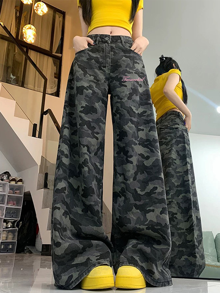 High-Waisted Camouflage Wide-Leg Jeans for Women - Vintage Workwear, Slim-Fit Loose Straight-Leg Floor-Length Pants