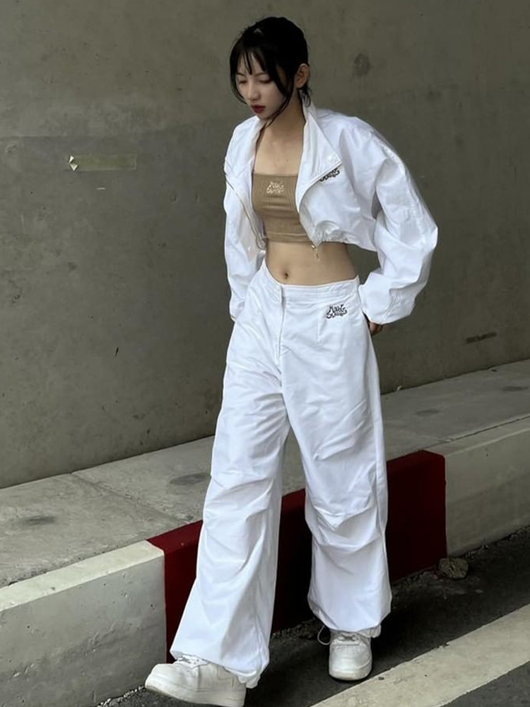 High-Waisted Long Sleeve Zipper Top & Embroidered Loose Pants Set - Casual Autumn Fashion for Women