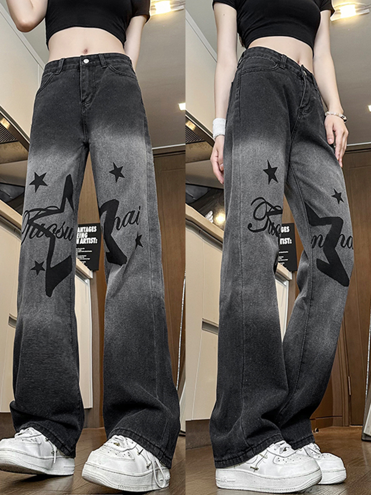 High-Waisted Printed Wide-Leg Jeans for Women - Casual Slim-Fit American High Street Style 2025 Fashion Trend