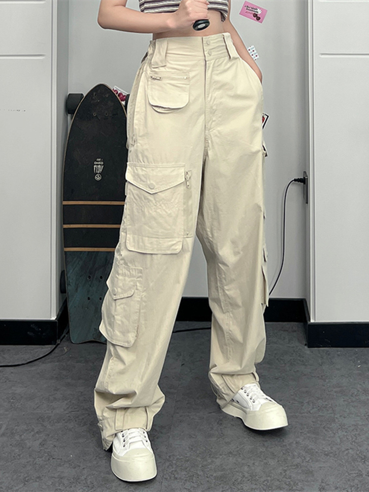 High-Waisted Slim Fit Cargo Pants with Zipper Pockets â€“ 2025 Street Style Casual Long Pants for Trendy Everyday Wear