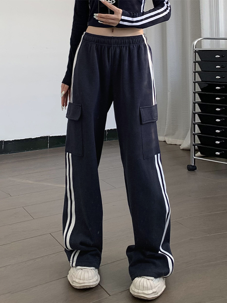 High-Waisted Striped Casual Pants for Women, Autumn Winter Loose Fit Sports Style with Pockets, Floor-Length Fashion Trousers
