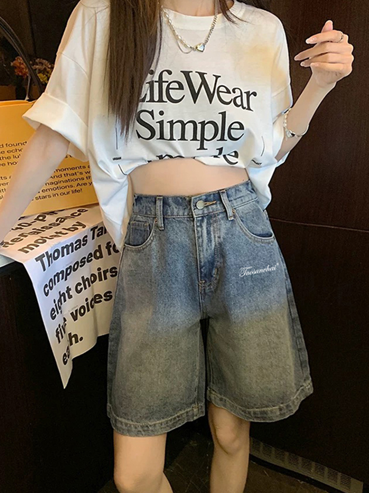 High-Waisted Vintage Blue Denim Shorts for Women, Summer Plus Size Loose Straight Wide-Leg Capris, American Style Fashion