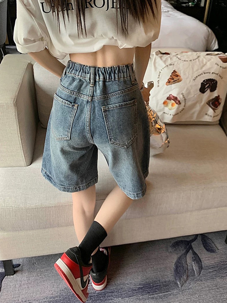 High-Waisted Vintage Blue Denim Shorts for Women, Summer Plus Size Loose Straight Wide-Leg Capris, American Style Fashion