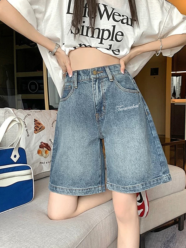 High-Waisted Vintage Blue Denim Shorts for Women, Summer Plus Size Loose Straight Wide-Leg Capris, American Style Fashion