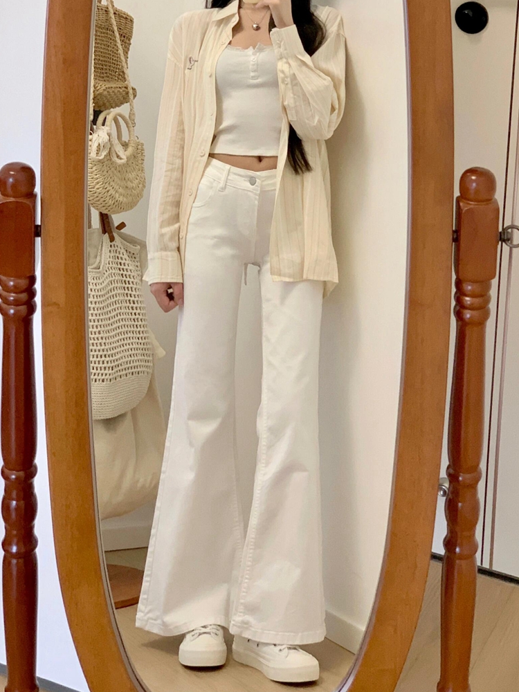 High-Waisted White Flared Jeans for Women, Summer 2025 Loose Wide-Leg Bell-Bottoms, Slimming Straight-Leg Style