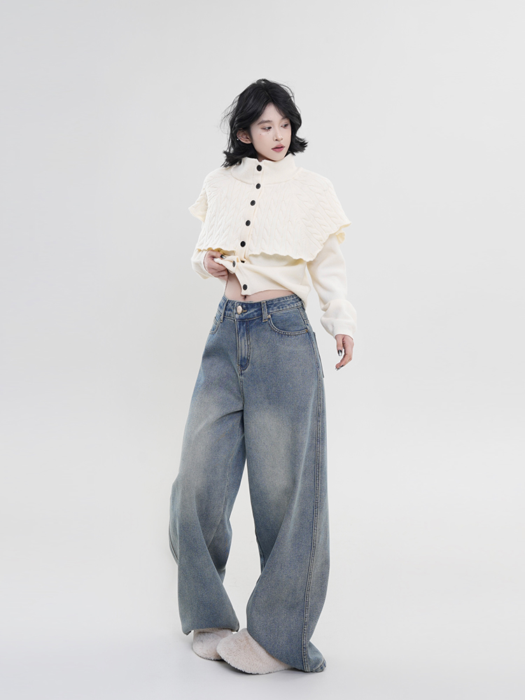 High-Waisted Wide-Leg Straight-Leg Jeans for Women - Blue Thickened Loose Floor-Length Pants, Korean Style, Autumn & Winter Fashion