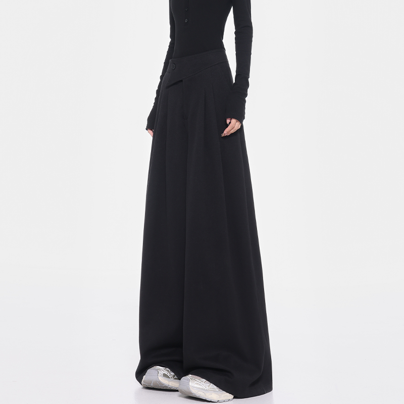 High-Waisted Wool Wide-Leg Suit Pants for Women with Diagonal Buckle Design - Casual 90s Inspired Trousers