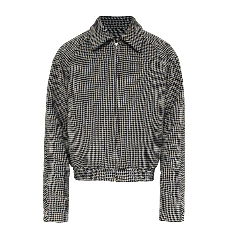 Houndstooth Jacket with Curved Raglan Sleeves and Jacquard Texture - Trendy Fashion Outerwear for Modern Style