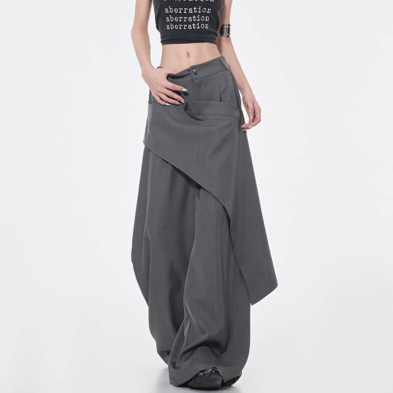 Irregular Diagonal Spliced Suit Pants for Women - High-Waisted Straight Draped Long Pants - Summer Fashion Trend