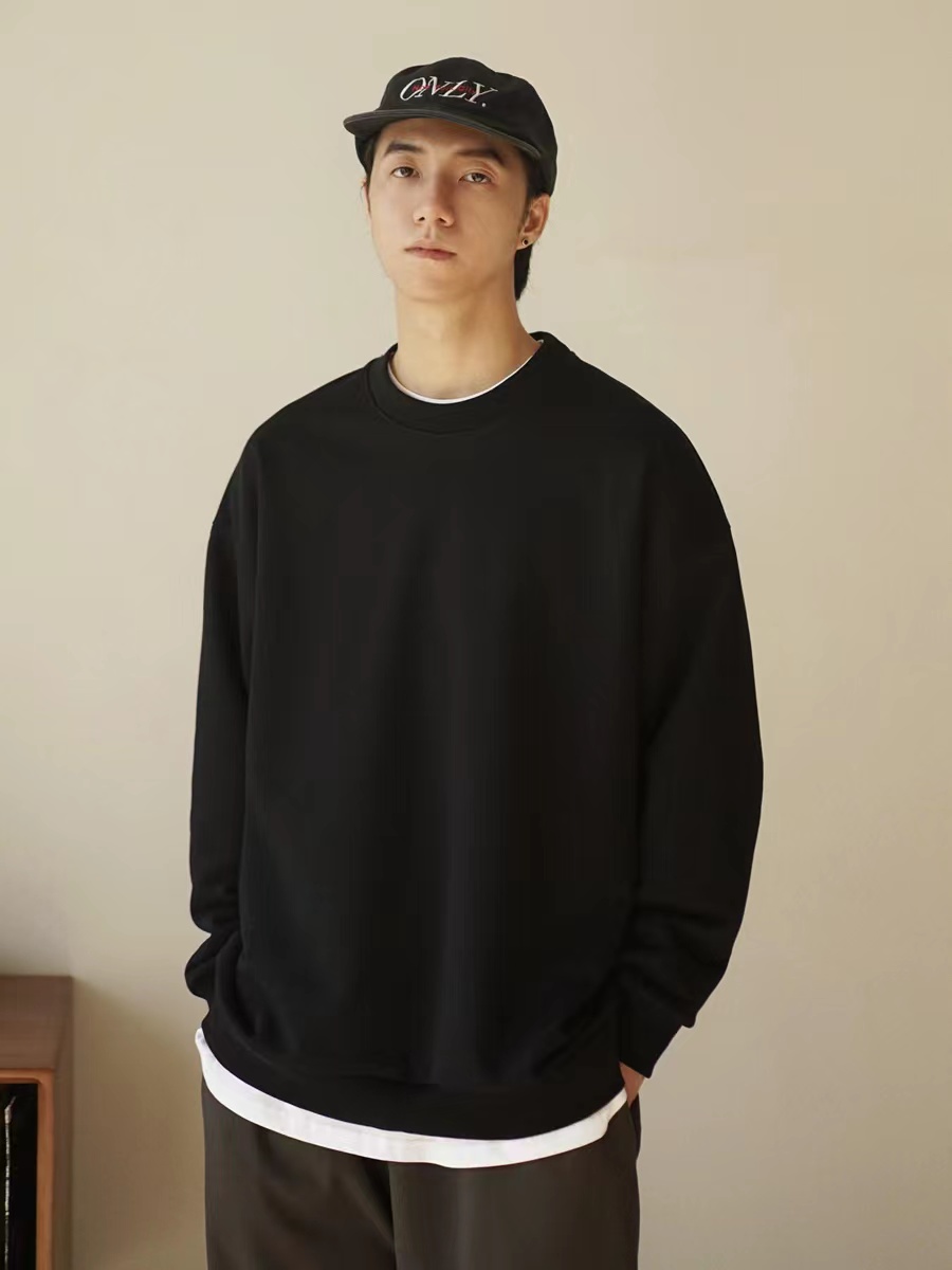 Japanese-Style Heavyweight Solid Color Sweatshirt - Unisex Loose Drop Shoulder Long Sleeve Top for Casual Wear