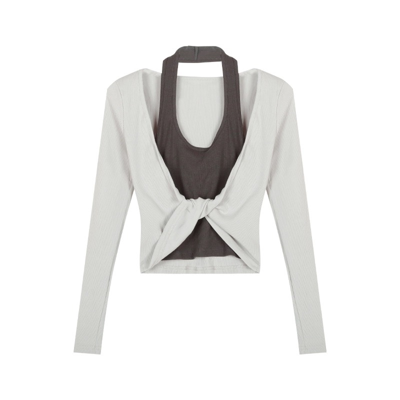 K-pop Inspired Sweet and Spicy Fake Two-Piece Halter Neck Twisted Long Sleeve Top with Elastic Waist Splicing for Girls