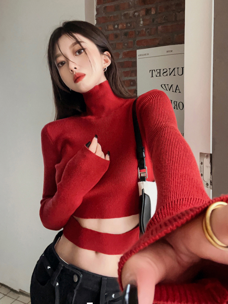 K-Pop Inspired Women's Red Knitted Sweater Top for Jazz Dance, Music Festival Outfit, Unique Spring and Autumn Style