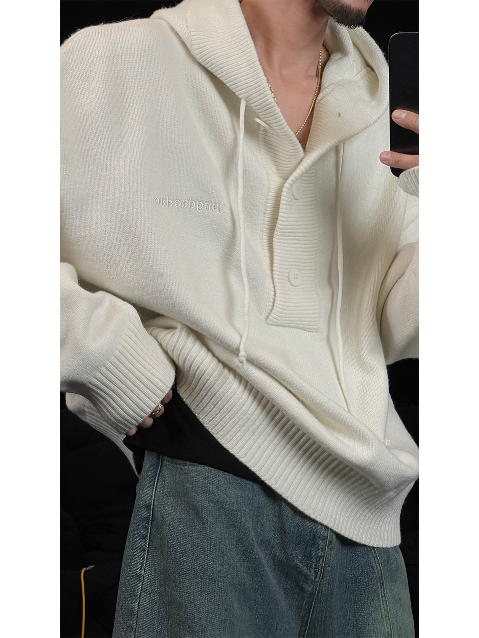 Knitted Hooded Sweater for Couples - American Minimalist Embroidered Design, Loose Fit, Cozy Autumn & Winter Fashion