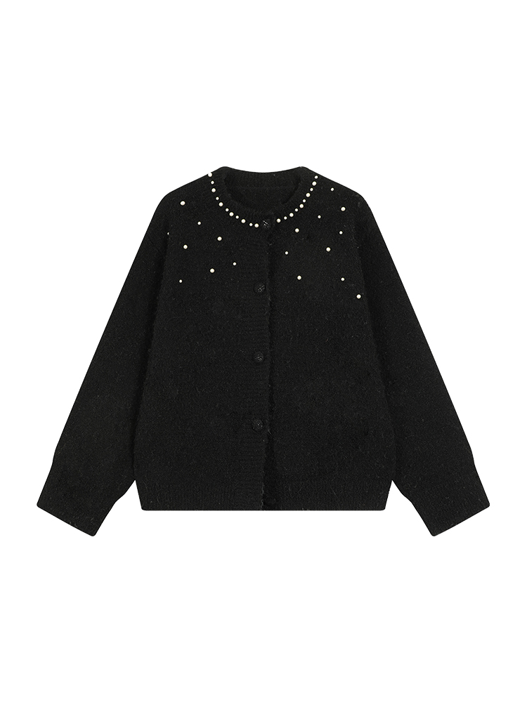 Korean Style Beaded Round Neck Knitted Long Sleeve Sweater Coat for Women - Loose Lazy Cardigan Top for Autumn and Winter