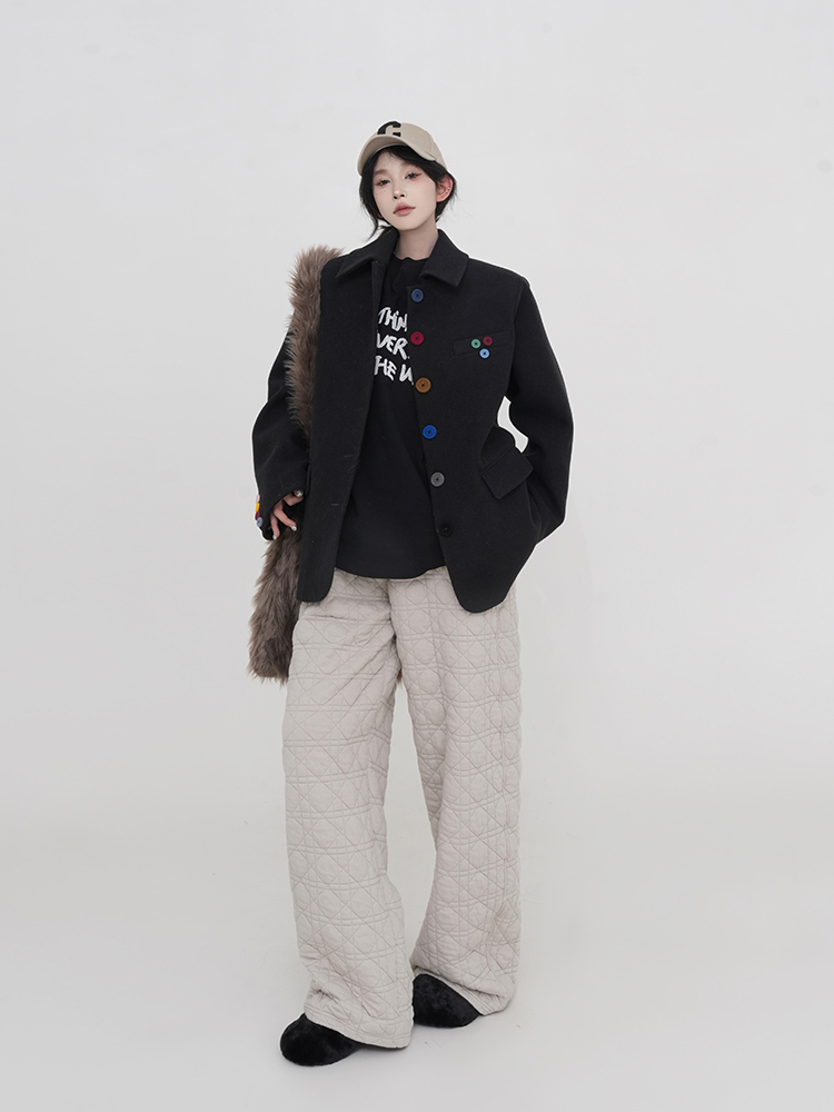 Korean Style Black Polo Collar Thick Woolen Coat for Women, Padded Short Warm Top, Autumn Winter Fashion